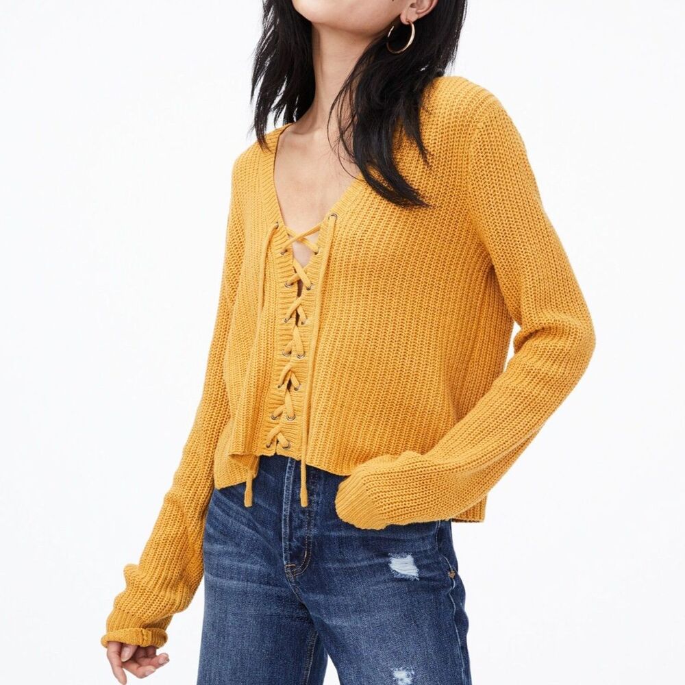 Aeropostale V-Neck Lace Up Sweater Yellow Tie front top Women’s Size Small